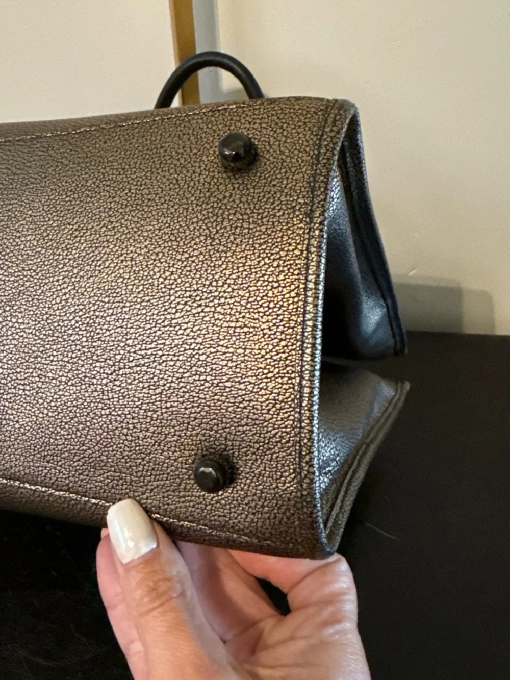 Coach Metallic Gold Pebbled Satchel with Black Trim
